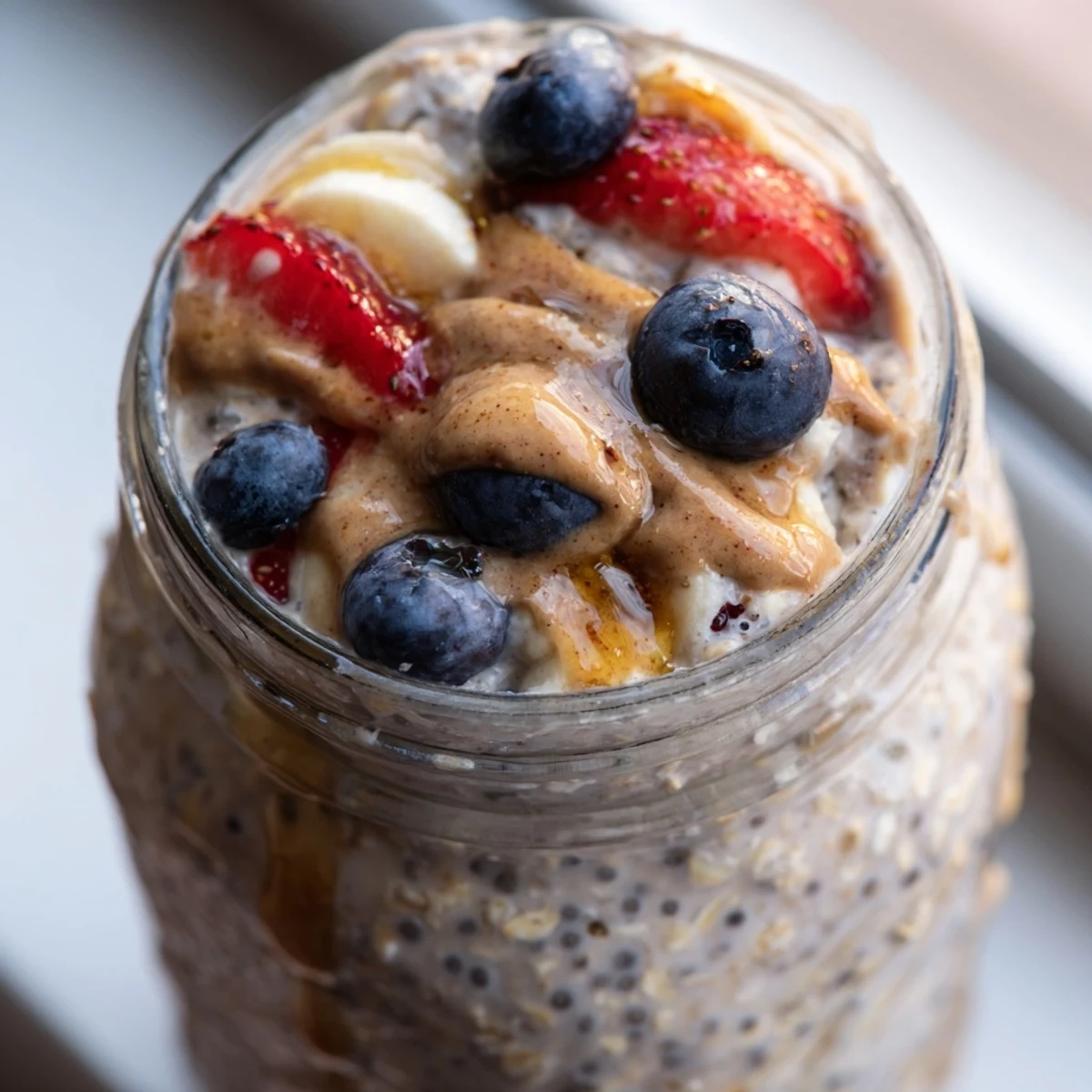 Creamy protein overnight oats topped with fresh berries in a glass jar