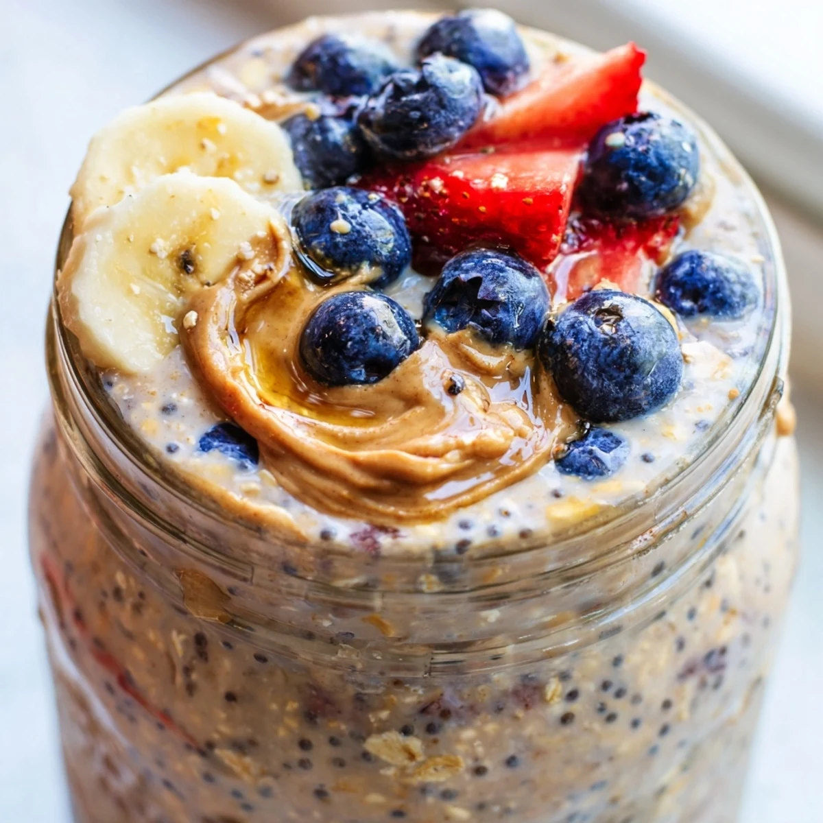 Thick protein overnight oats layered with Greek yogurt and sliced banana