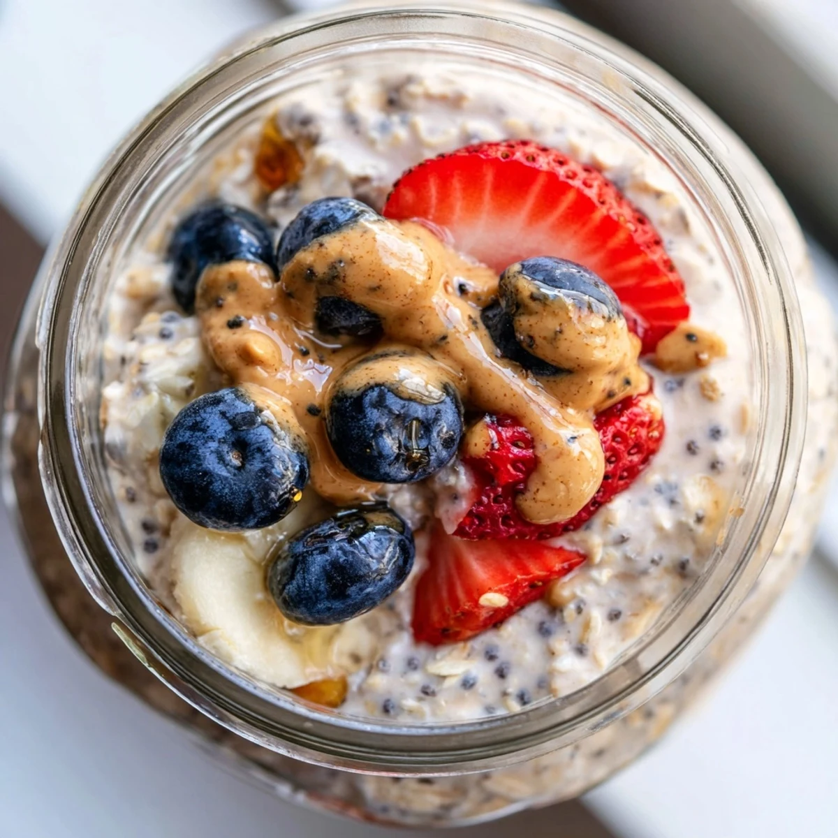 Chilled protein overnight oats served with a drizzle of peanut butter and chia seeds