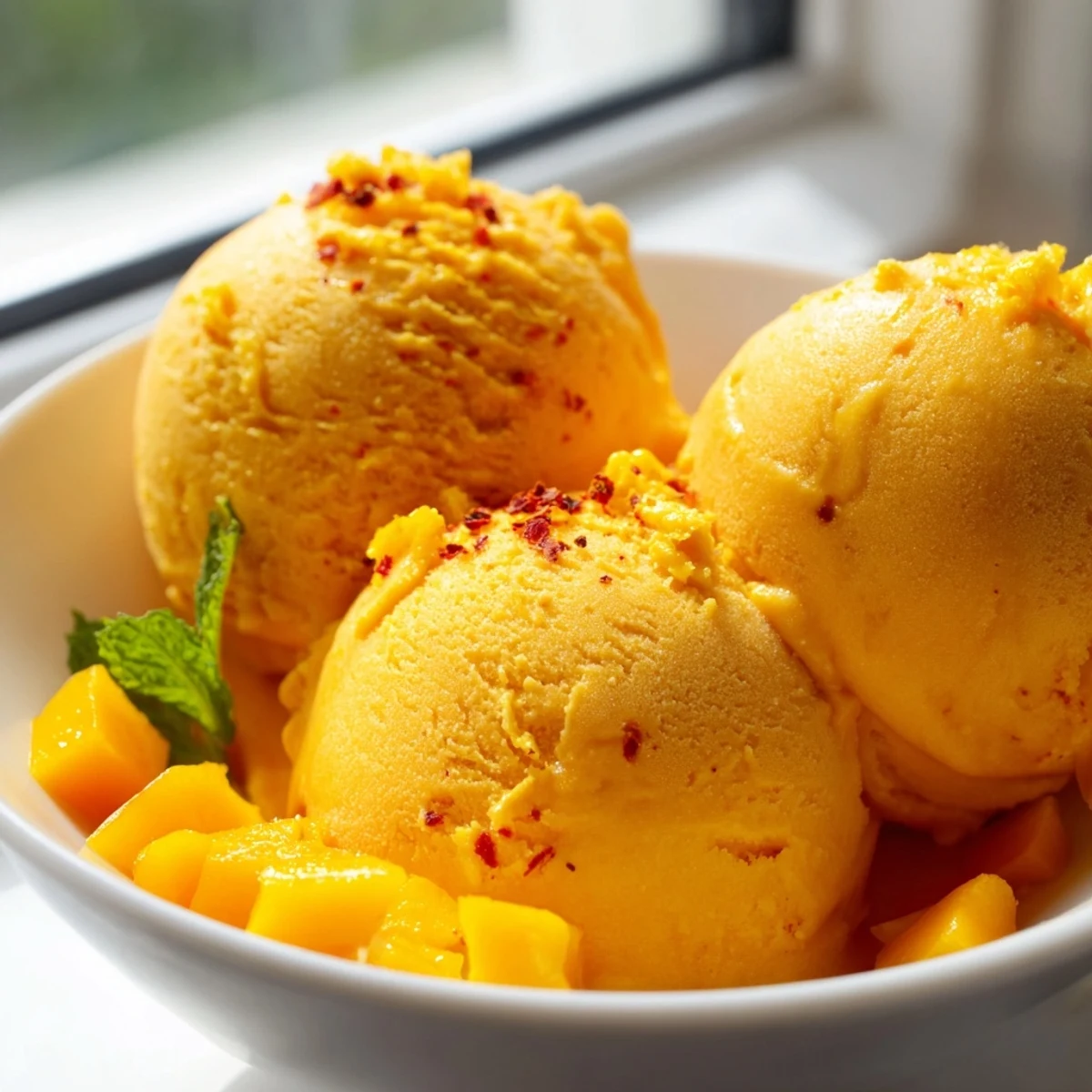 Tropical chili lime mango sorbet topped with fresh lime zest and mint