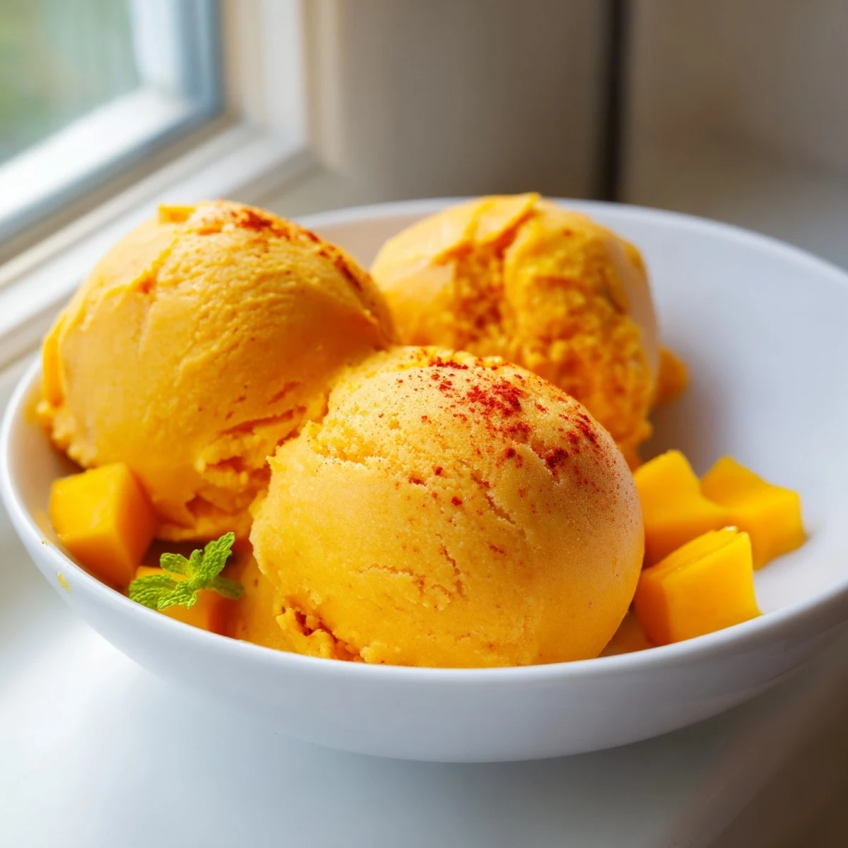 Golden scoops of creamy chili lime mango sorbet glistening in dessert bowls