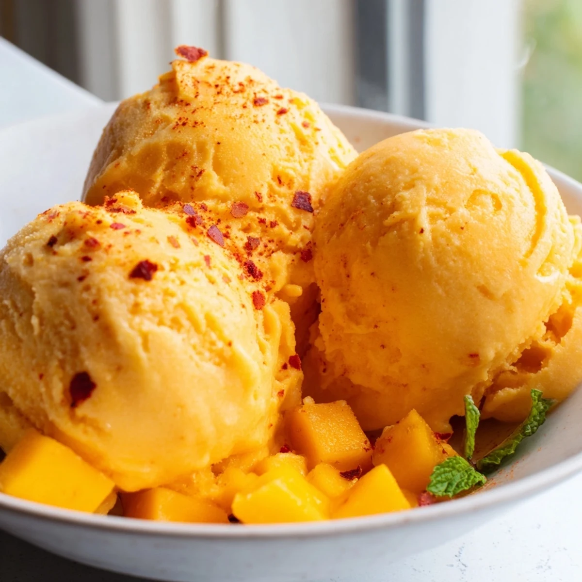 Vibrant orange creamy chili lime mango sorbet melting softly on a warm day