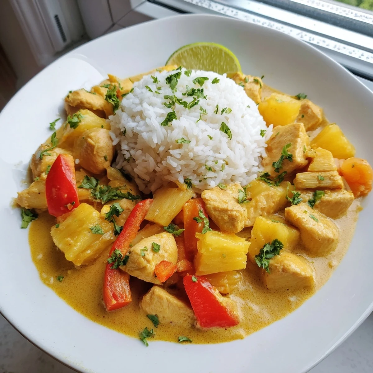 Golden chicken and pineapple in creamy coconut sauce served over steamed jasmine rice