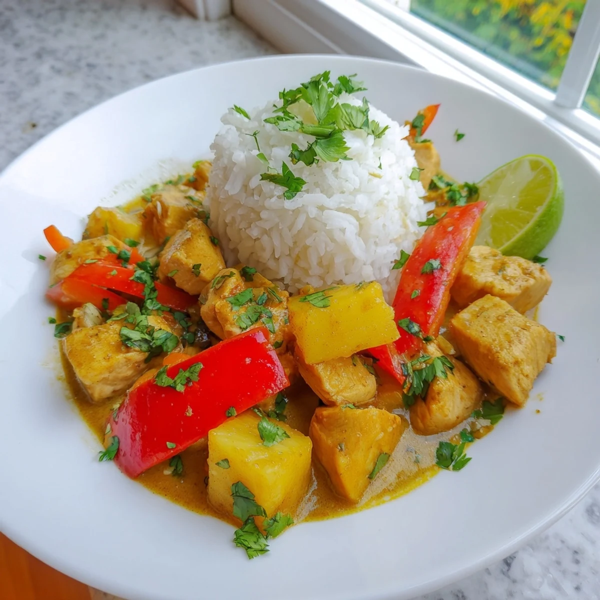 Vibrant tropical dinner delight with colorful bell peppers and fresh cilantro garnish