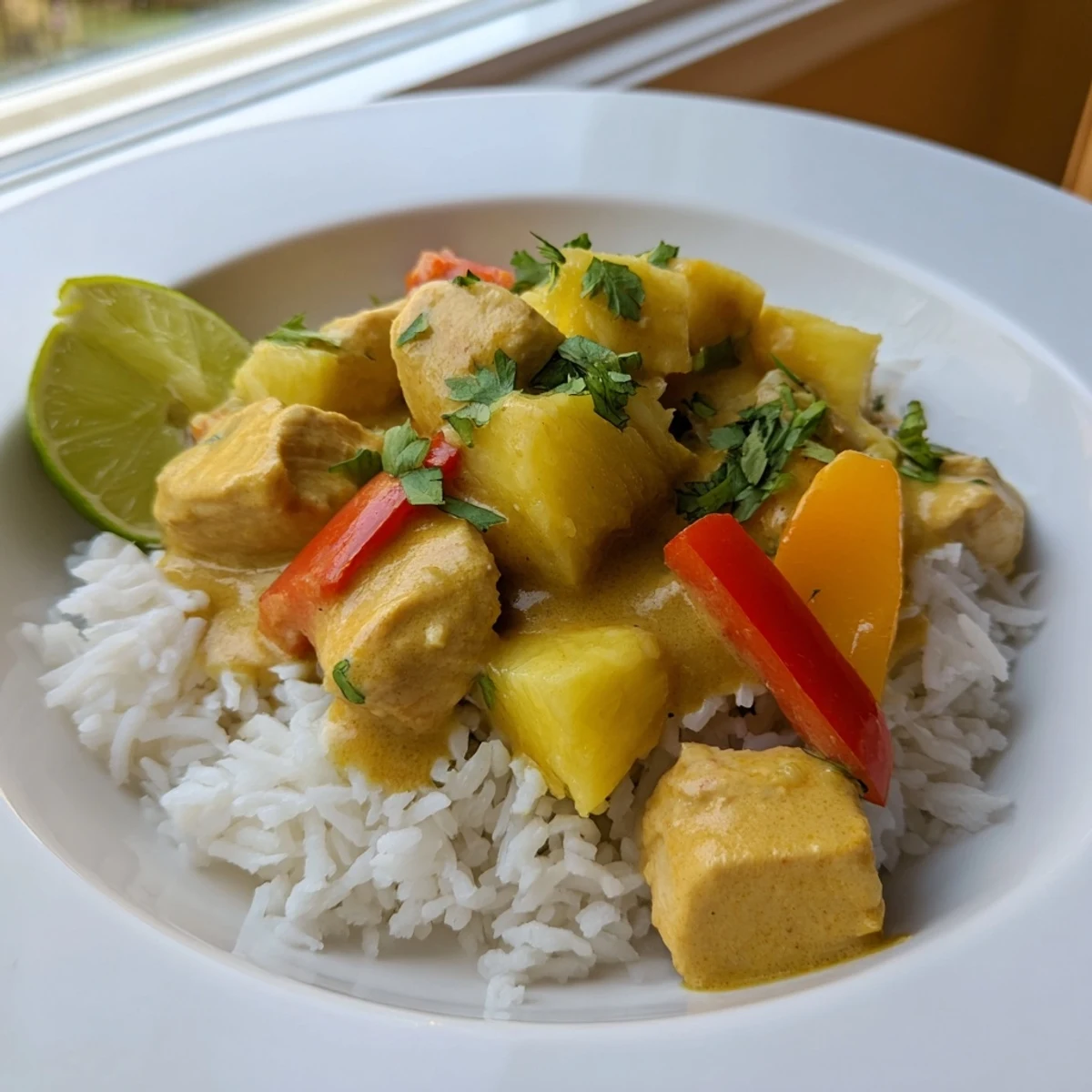 Juicy chicken pieces simmered in coconut-lime sauce alongside diced pineapple and turmeric rice