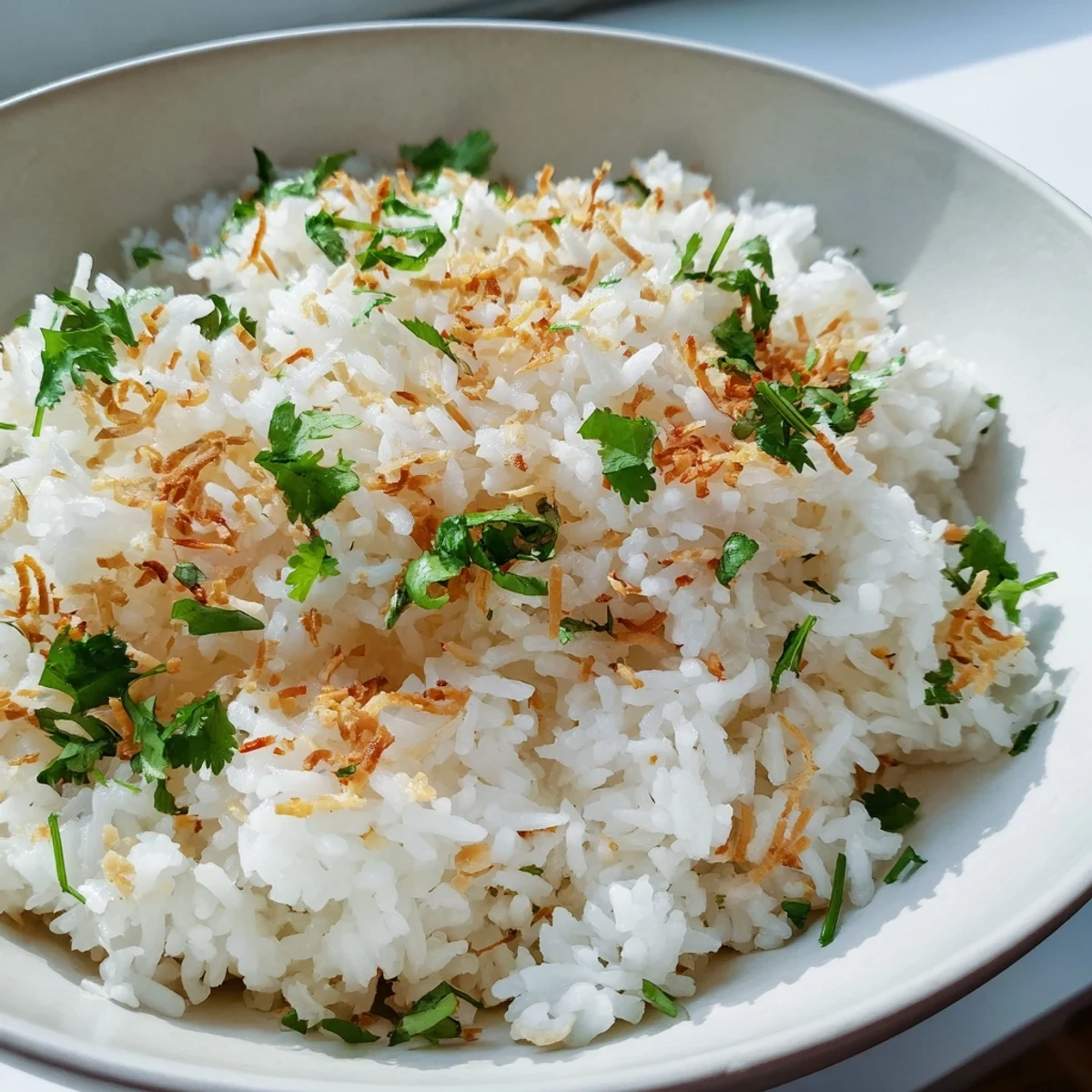 Creamy coconut rice steaming in a bowl, garnished with toasted coconut flakes and fresh cilantro
