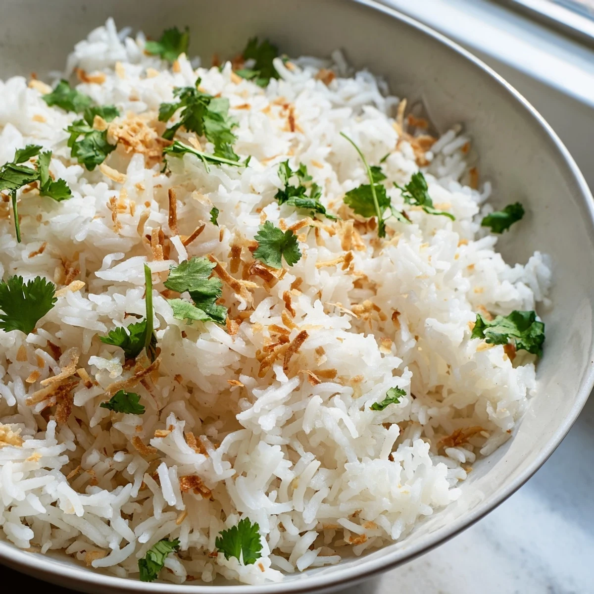 Fluffy coconut rice served alongside vibrant Thai curry in a white ceramic bowl