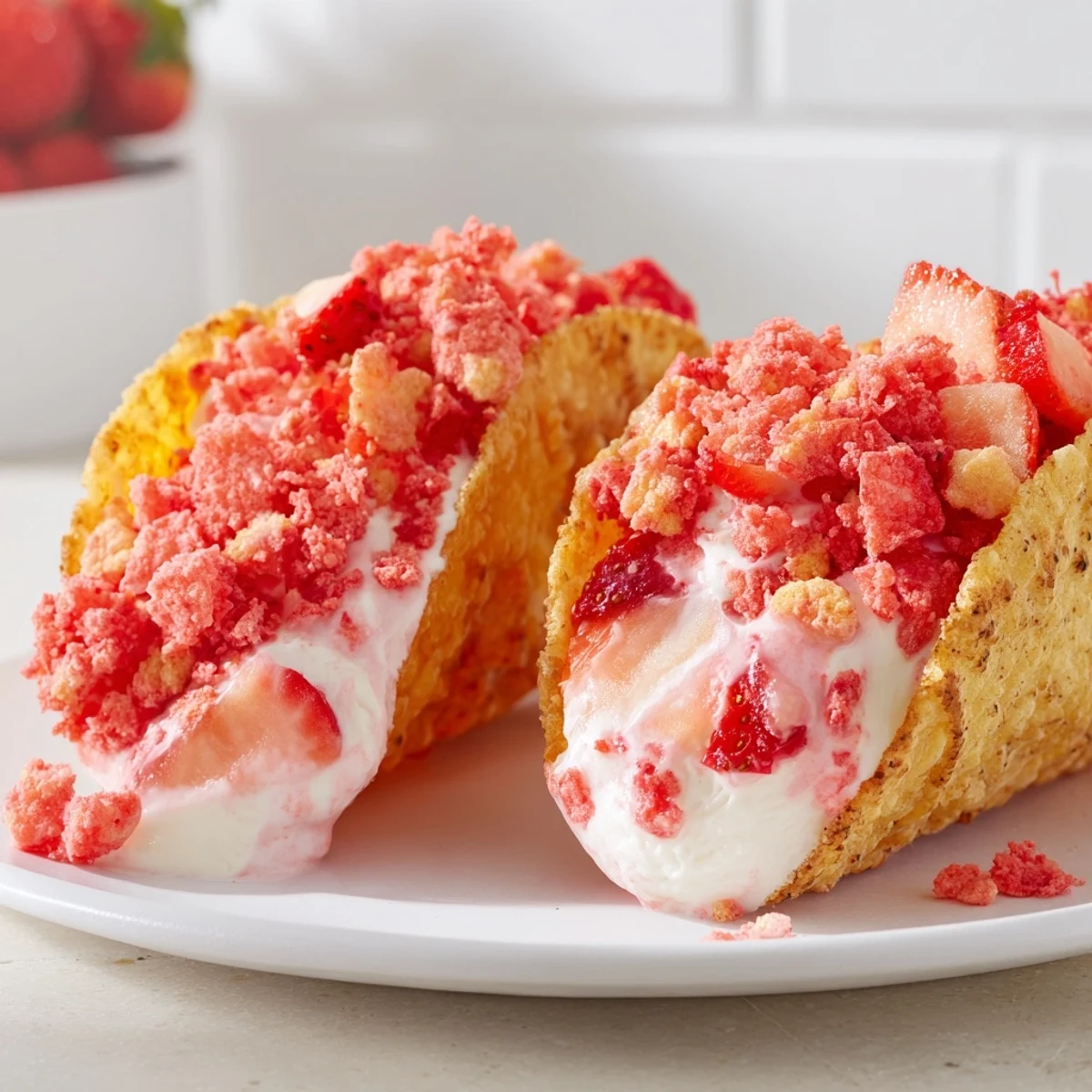 Creamy cheesecake mousse piped into golden tortilla shells with crunchy strawberry crumble topping on a platter