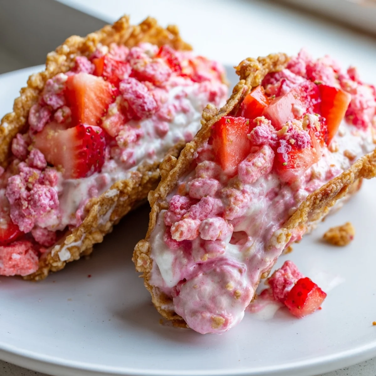 Crispy cinnamon-sugar taco shells filled with creamy strawberry crunch cheesecake tacos topped with diced berries