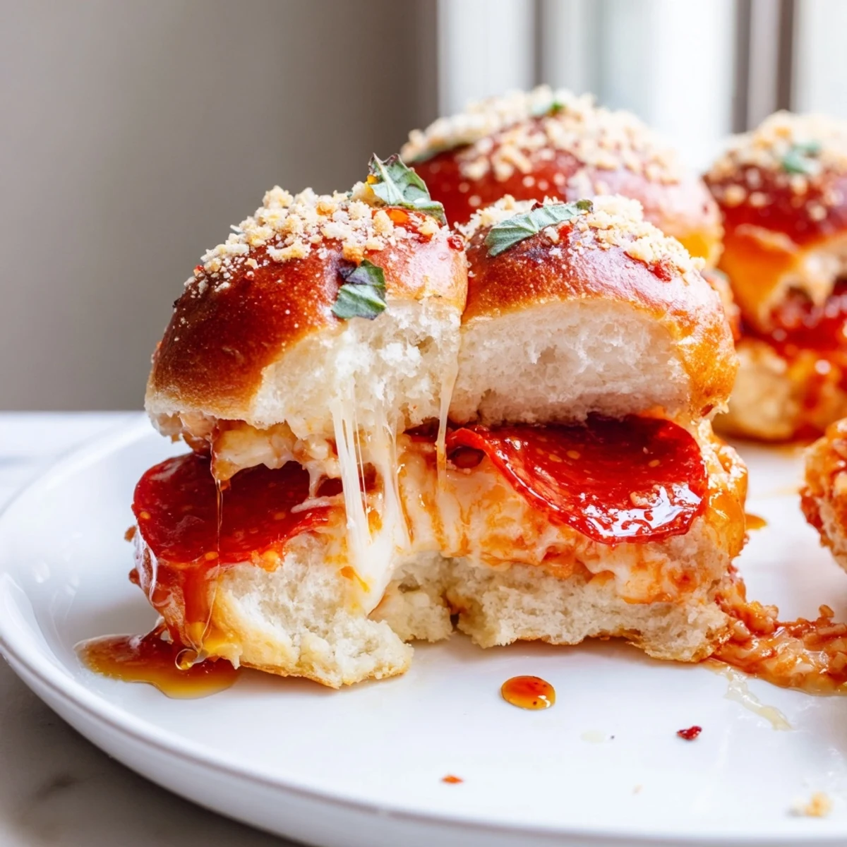 Golden Hot Honey Pepperoni Pizza Sliders with gooey melted mozzarella and spicy-sweet glazed buns