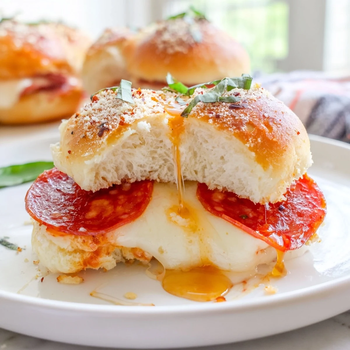 Crispy-topped Hot Honey Pepperoni Pizza Sliders oozing with tangy sauce and bubbling cheese
