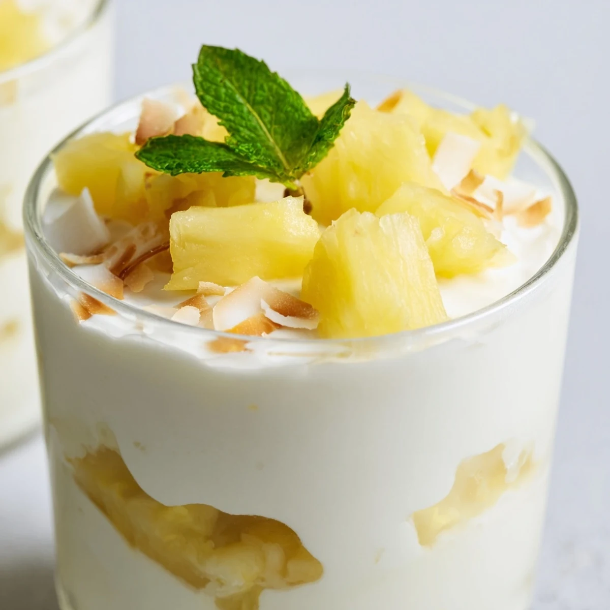 Creamy mini pineapple condensed coconut milk desserts topped with golden toasted coconut flakes