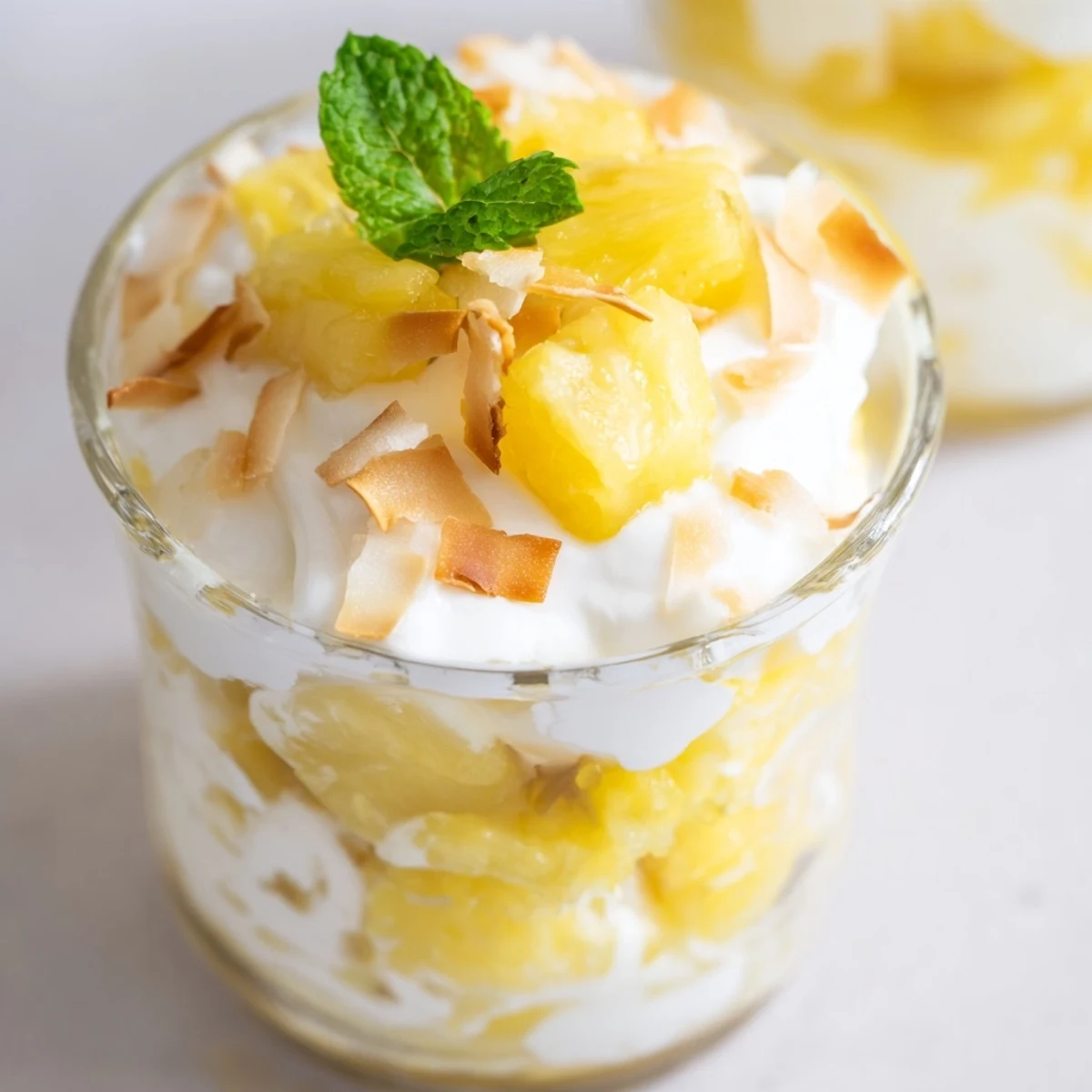 Chilled mini pineapple condensed coconut milk cups garnished with bright fresh mint leaves