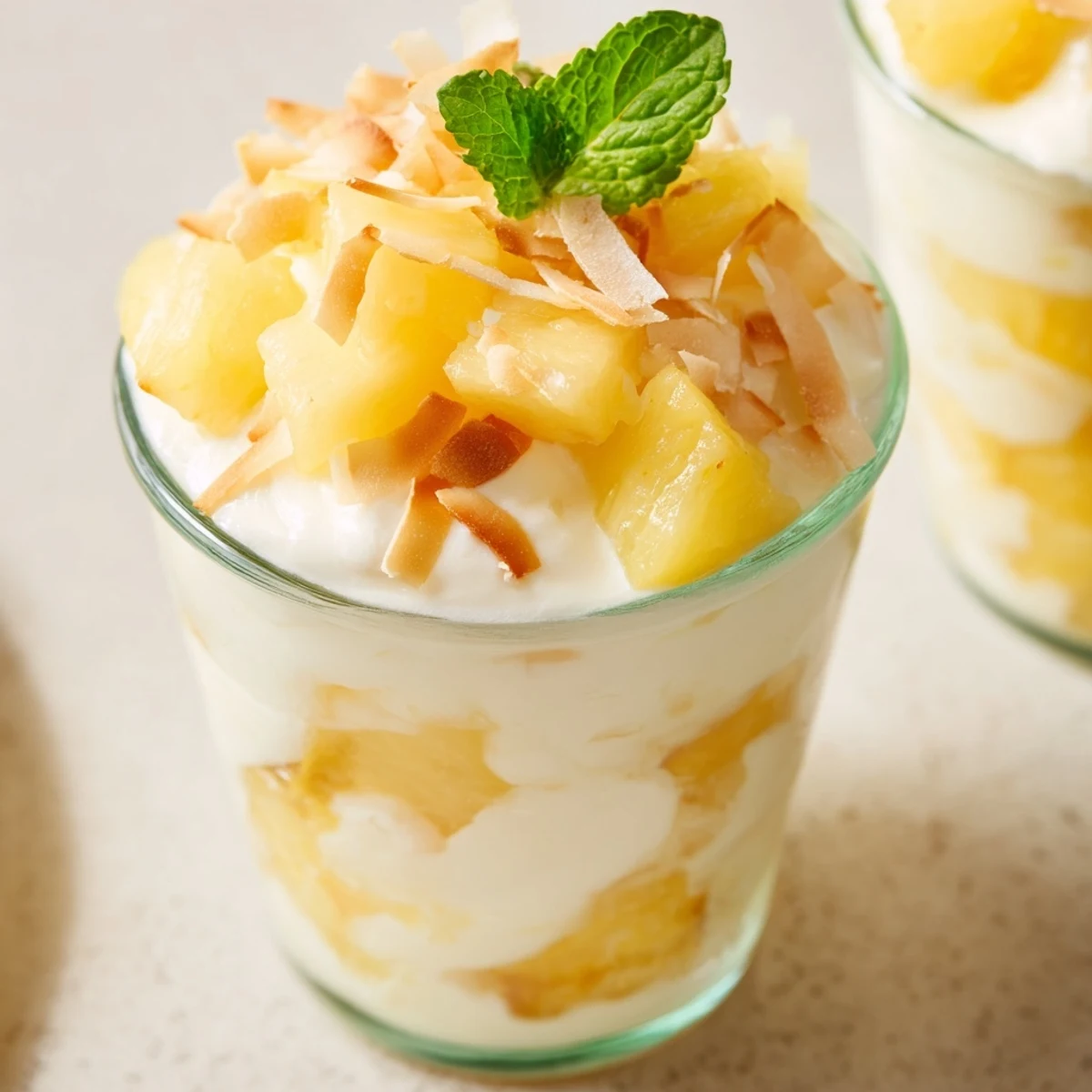 Mini pineapple condensed coconut milk parfaits layered with juicy fruit and rich coconut cream