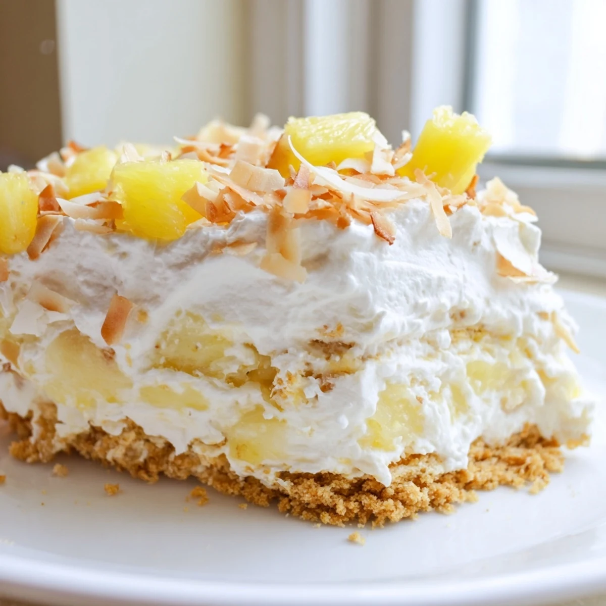 Creamy No Bake Pineapple Coconut Cream Cake sliced and topped with golden toasted coconut flakes