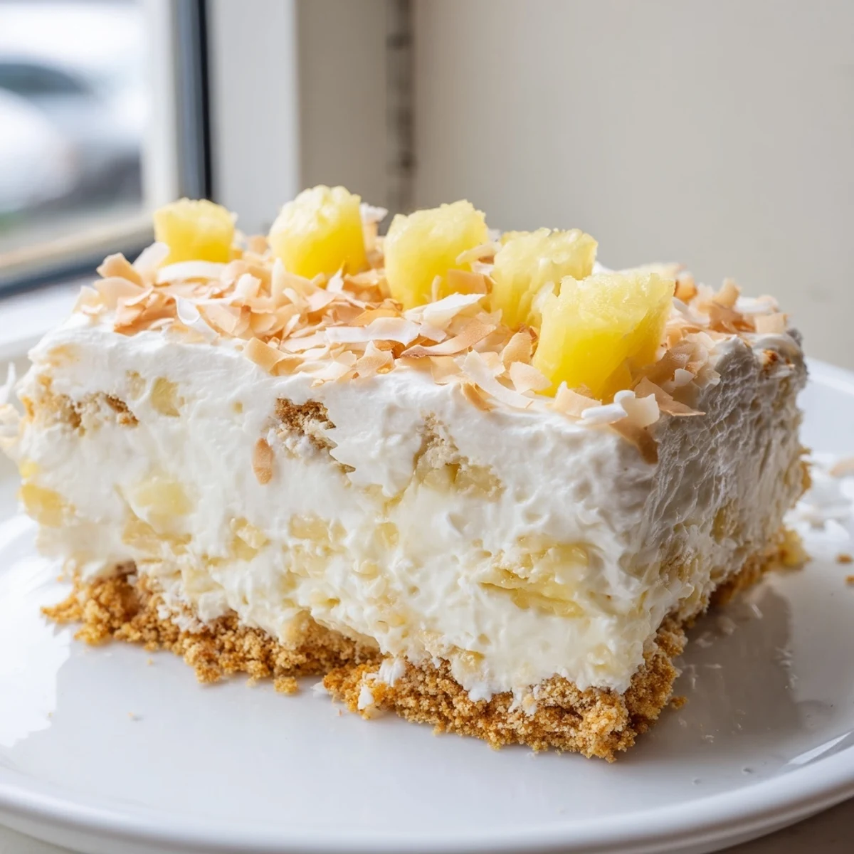 Tropical No Bake Pineapple Coconut Cream Cake with whipped cream and fresh pineapple garnish