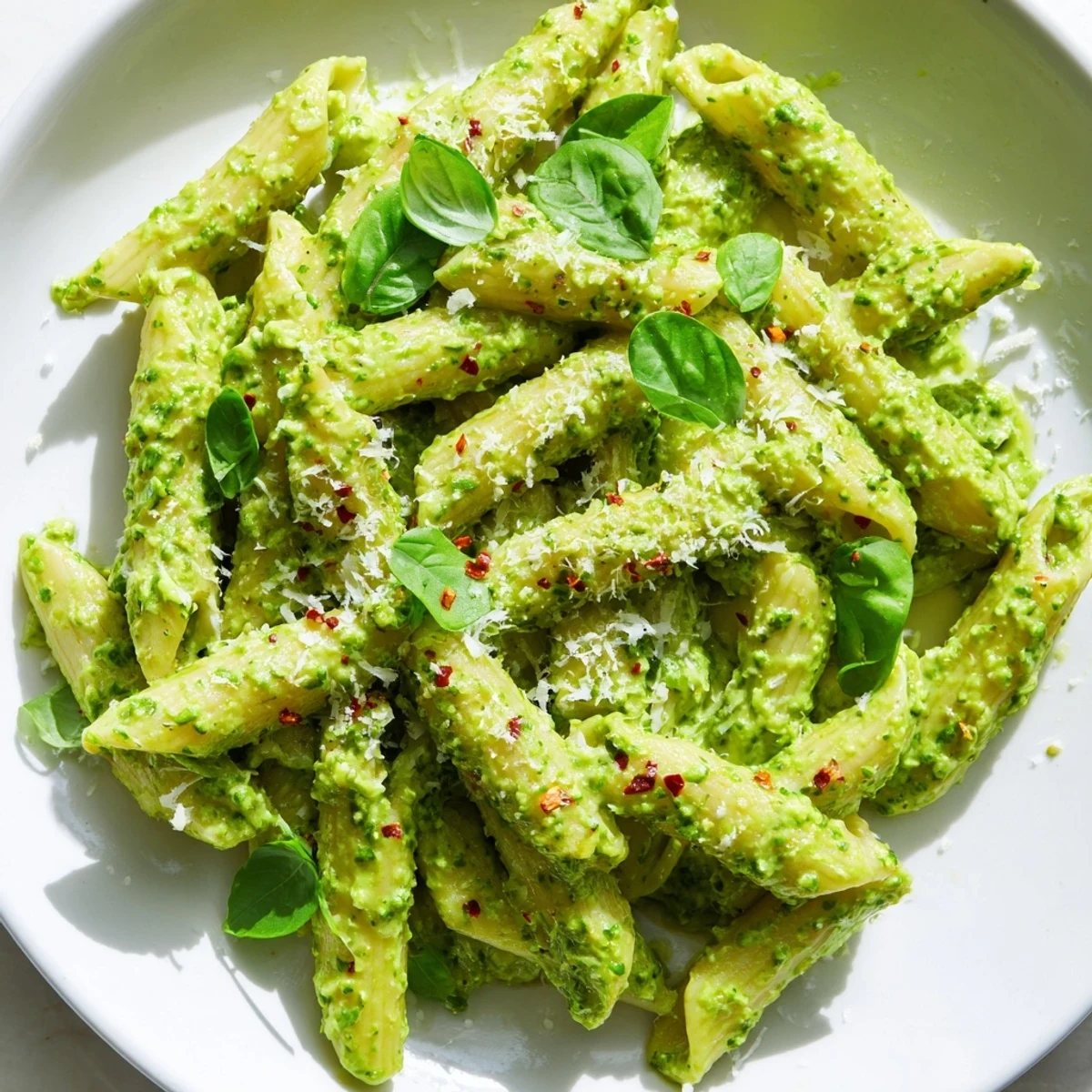 Creamy green goddess pasta sauce coats tender noodles with fresh herbs and avocado
