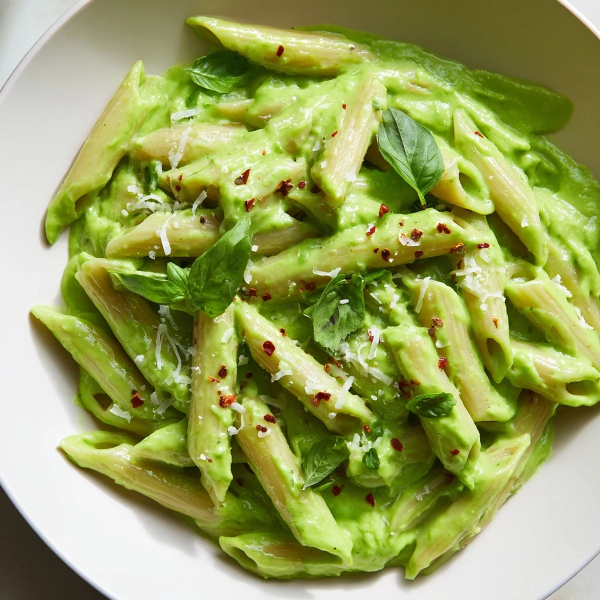 Vibrant green goddess pasta sauce blended with basil parsley and tangy lemon