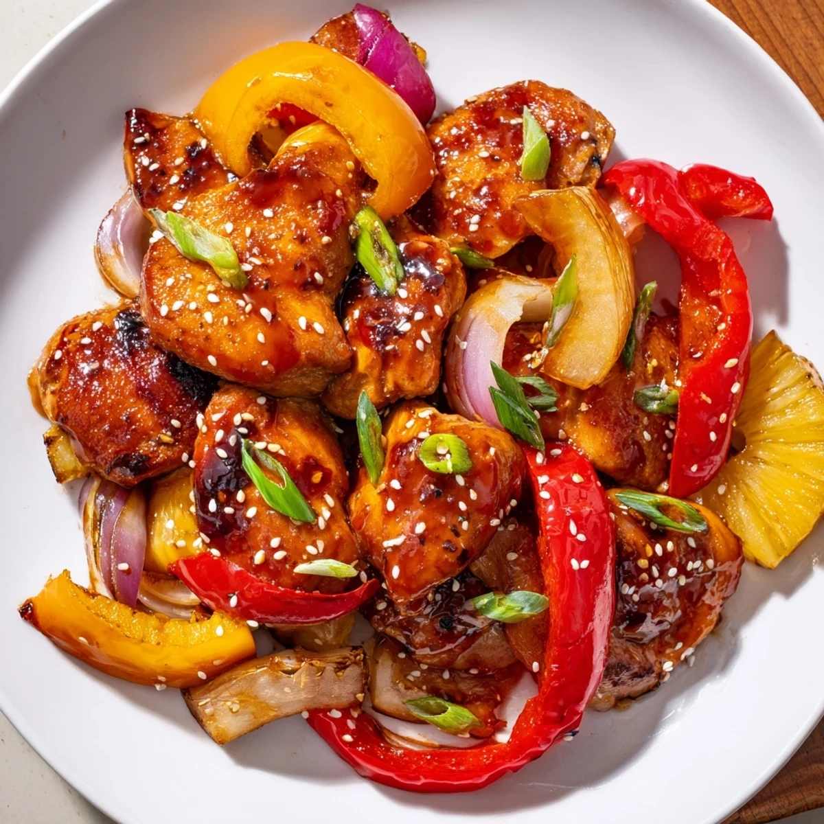 Golden Hawaiian chicken glazed in sweet pineapple sauce with vibrant bell peppers