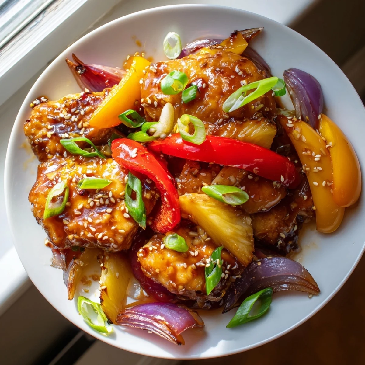 Tender Hawaiian chicken drizzled with thick sticky pineapple glaze over colorful stir-fried vegetables