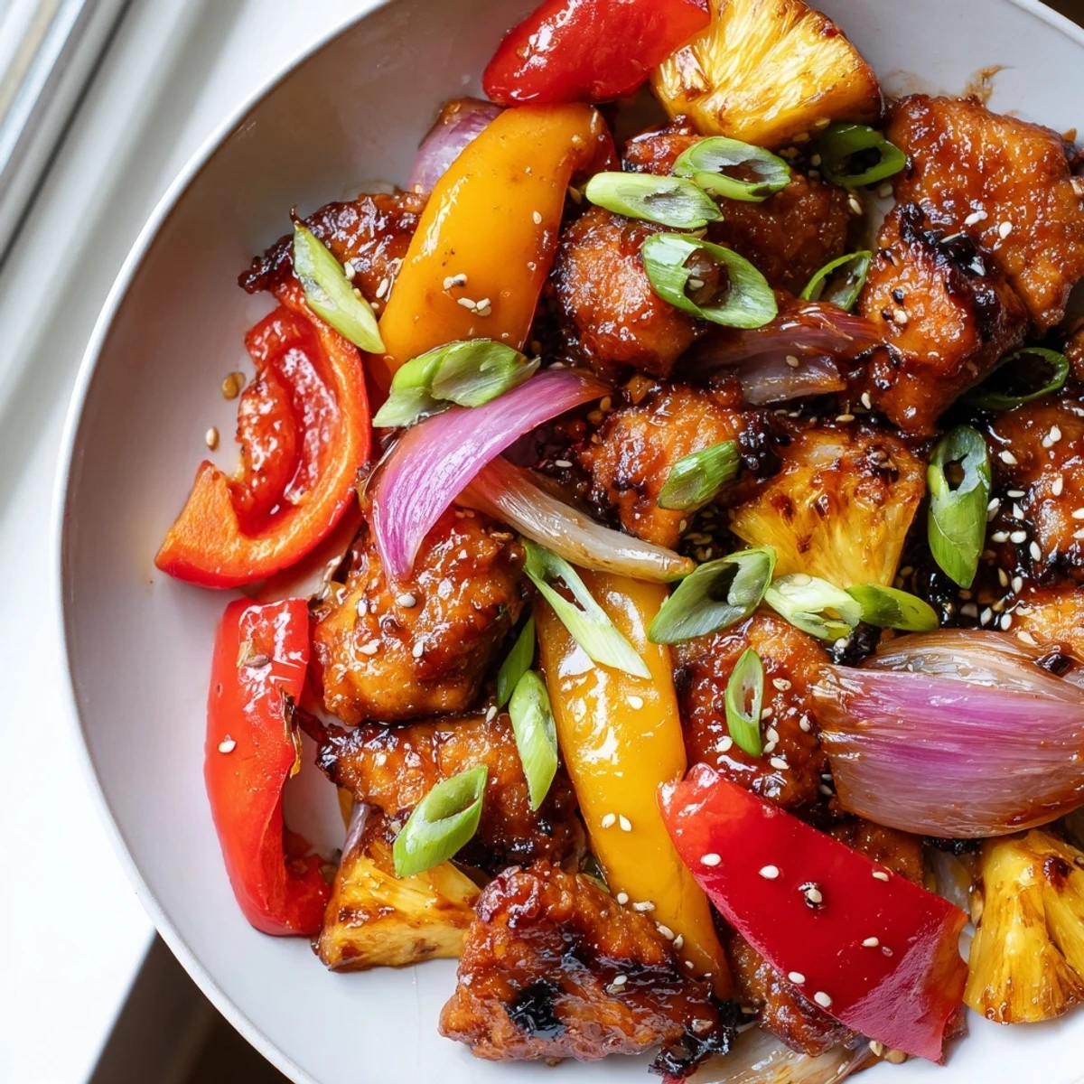 Juicy Hawaiian chicken thighs simmered in tangy sauce beside caramelized onions and peppers