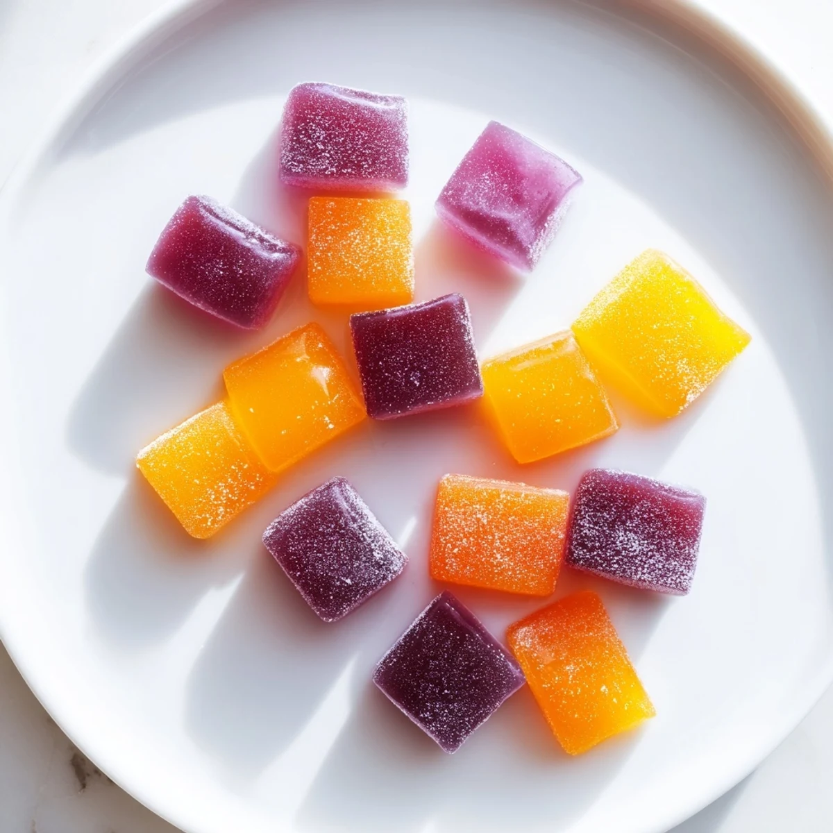 Sparkling collagen fruit jellies in vibrant jewel-toned squares dusted lightly with cornstarch