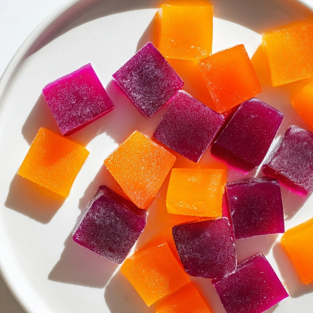 Glossy homemade collagen fruit jellies arranged on parchment, glowing in berry and citrus hues
