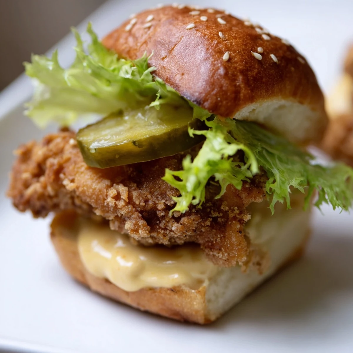 Golden crispy pickle brined fried chicken sliders stacked on soft buns with pickles and lettuce
