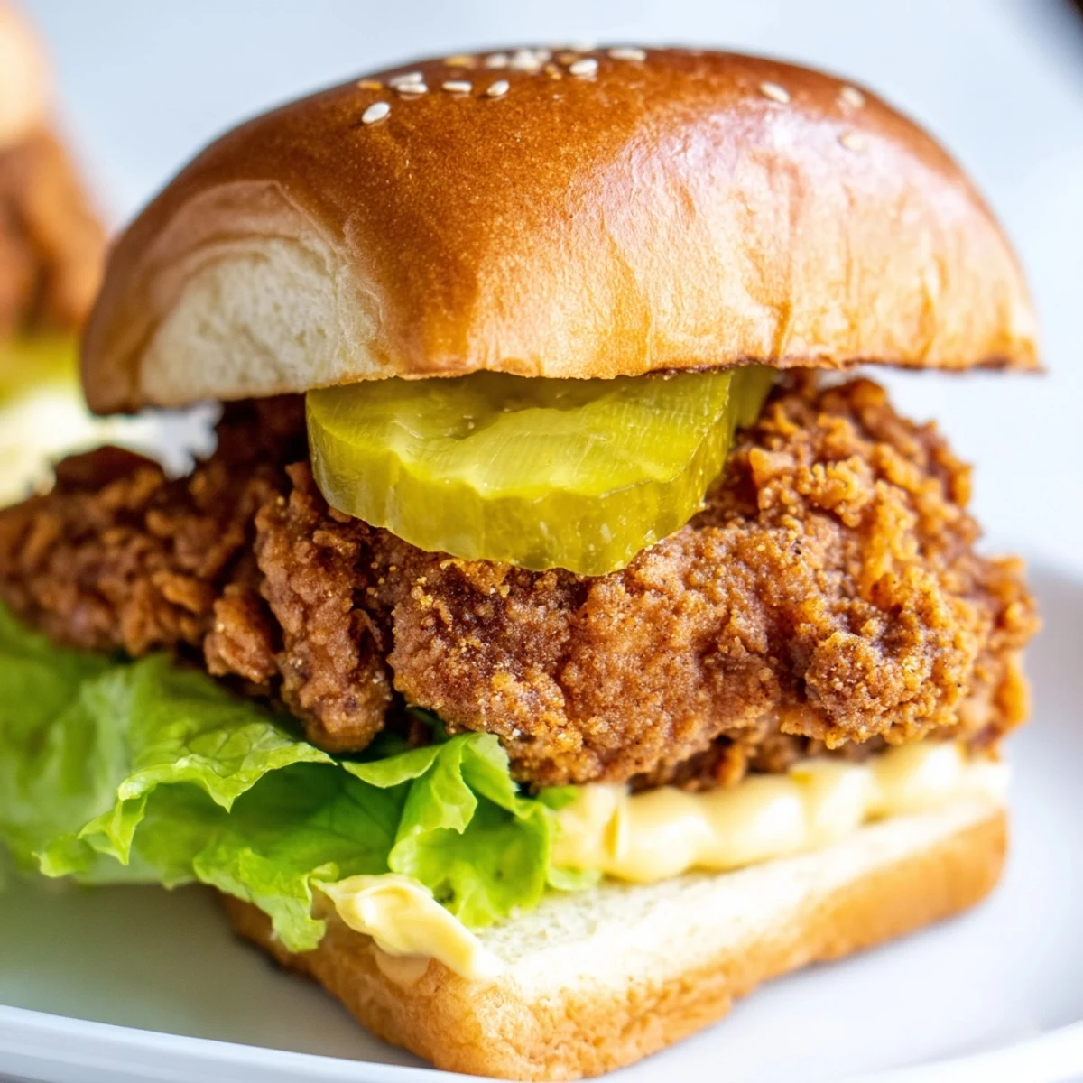 Crunchy golden pickle brined fried chicken sliders served on pillowy buns with creamy mayo and dill pickles