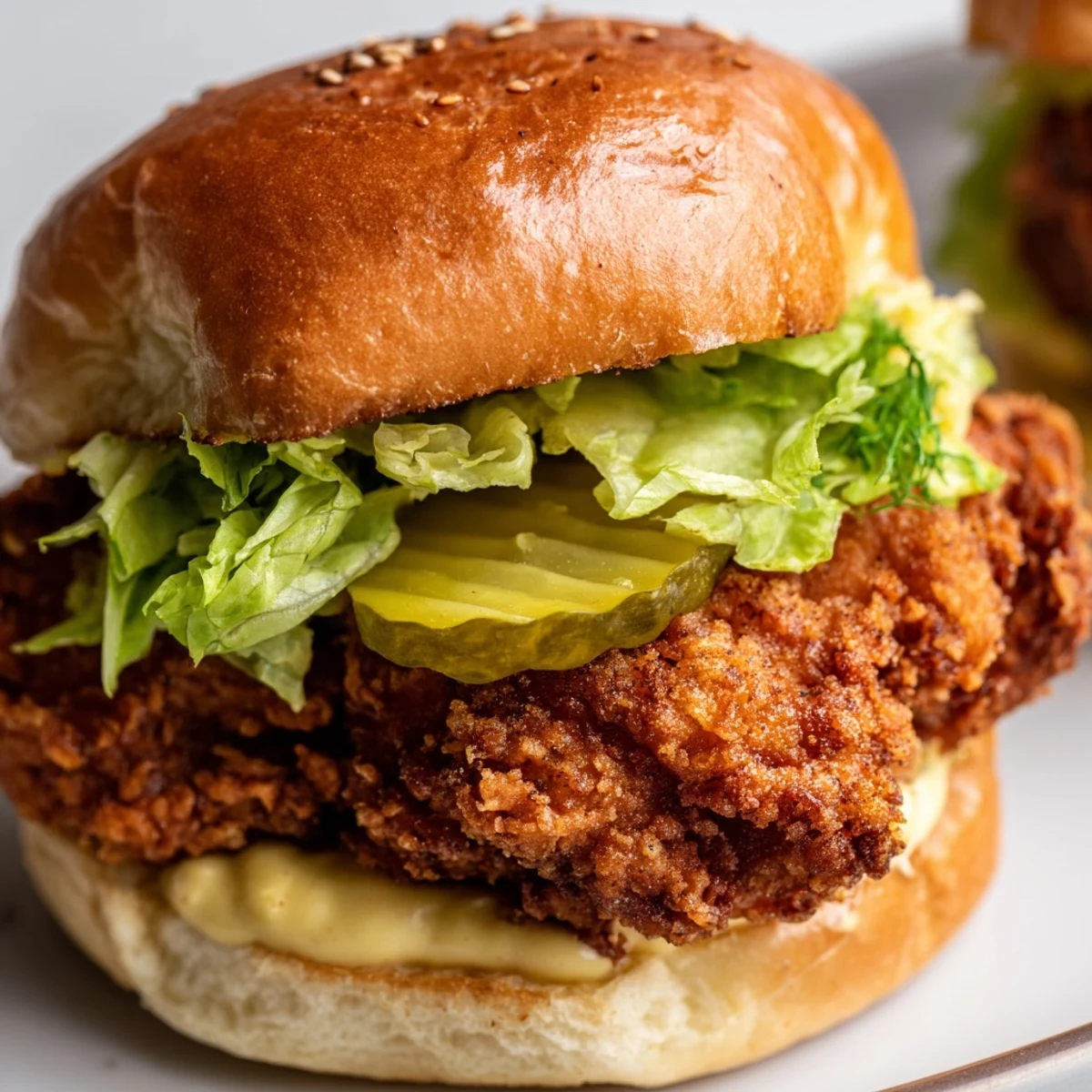 Juicy pickle brined fried chicken sliders piled high on toasted buns with tangy mustard sauce