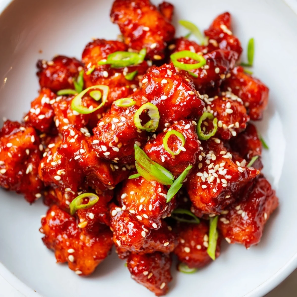 Gochujang chicken glistening with caramelized glaze topped with sesame seeds and scallions
