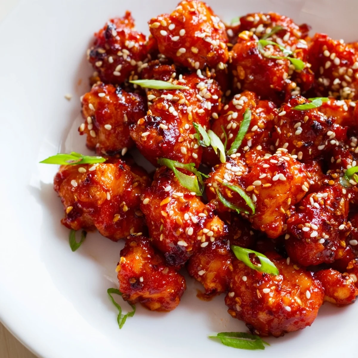 Crispy gochujang chicken pieces coated in a thick, glossy, sweet and spicy sauce