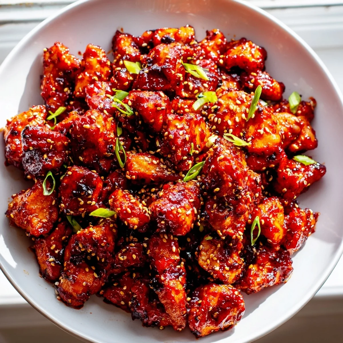 Sizzling gochujang chicken served over steamed white rice with fresh green onion garnish