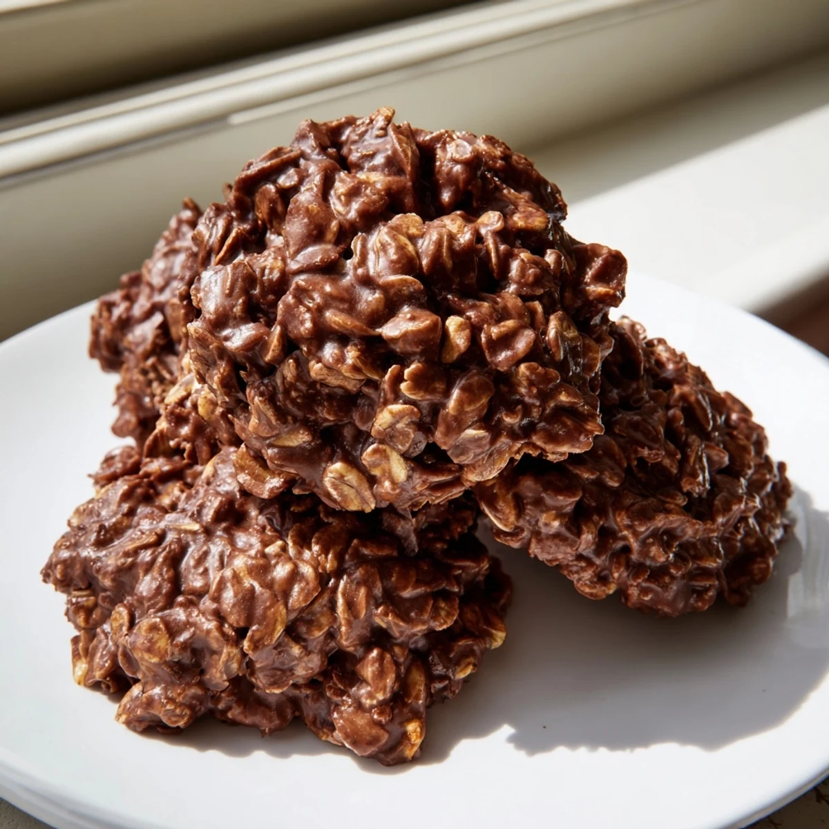 Fudgy chocolate oatmeal no bake cookies studded with oats on a rustic plate