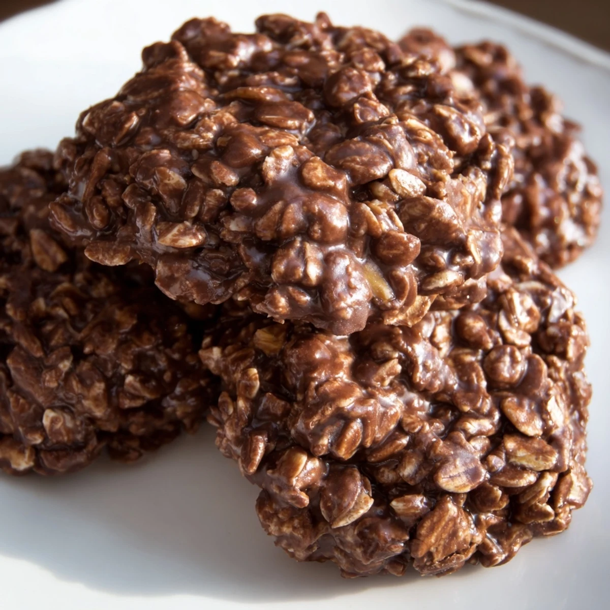 Gooey chocolate oatmeal no bake cookies piled on parchment, dusted with cocoa