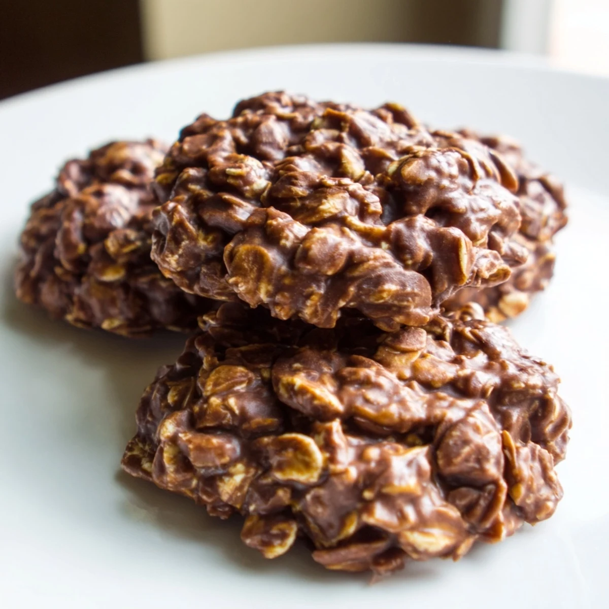 Rich chocolate oatmeal no bake cookies scooped into chewy mounds ready to serve