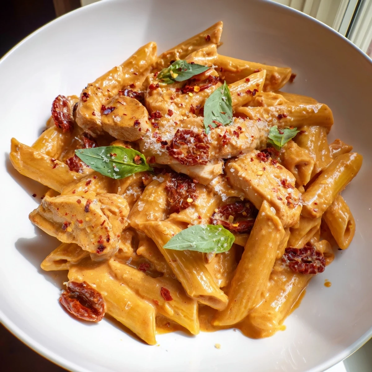 Creamy Marry Me Chicken Pasta topped with fresh basil and Parmesan cheese on a white plate
