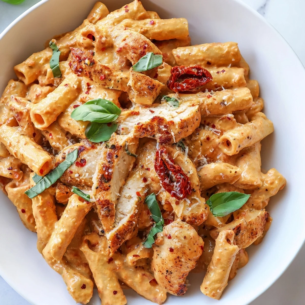 Golden seared chicken slices nestled in creamy sun-dried tomato Marry Me Pasta with tender penne