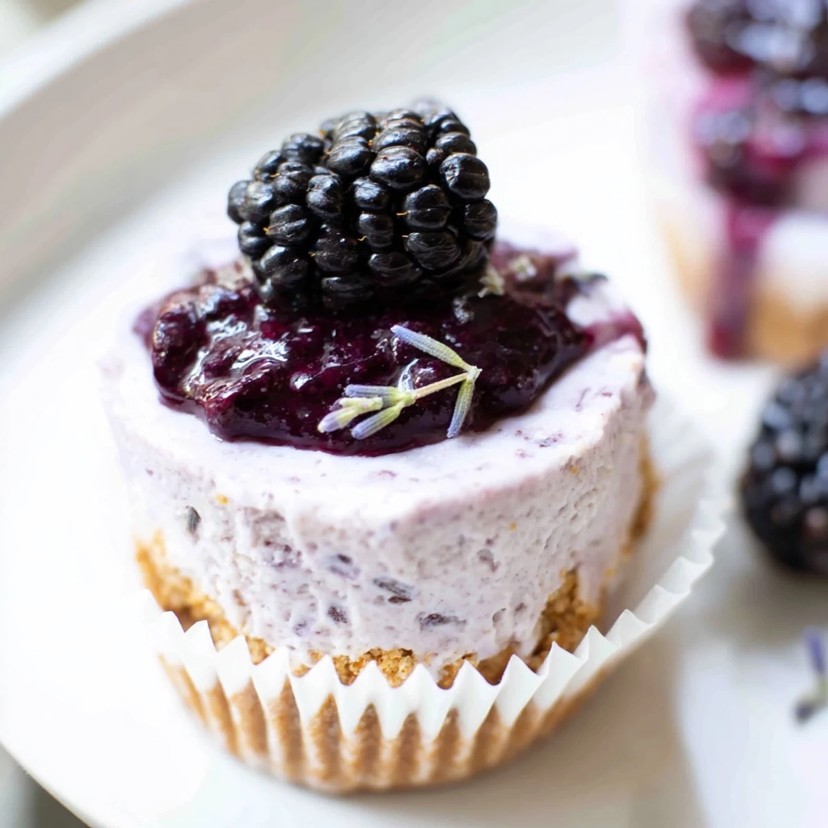 Rich and silky No Bake Mini Blackberry Lavender Cheesecakes nestled in golden graham crusts