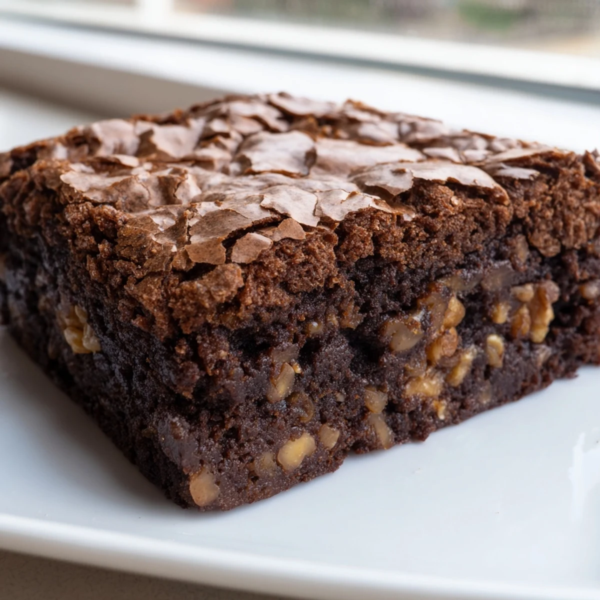 Fudgy ultimate brownies with a glossy crackly top, cut into rich chocolate squares