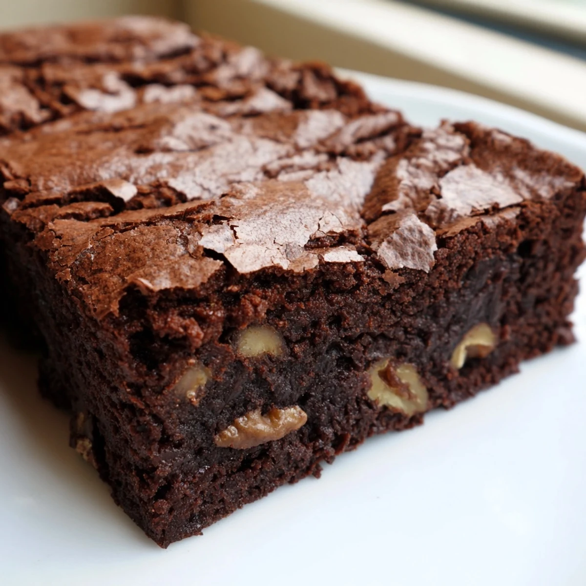 Thick ultimate brownies studded with walnuts, dusted with cocoa on a rustic cutting board