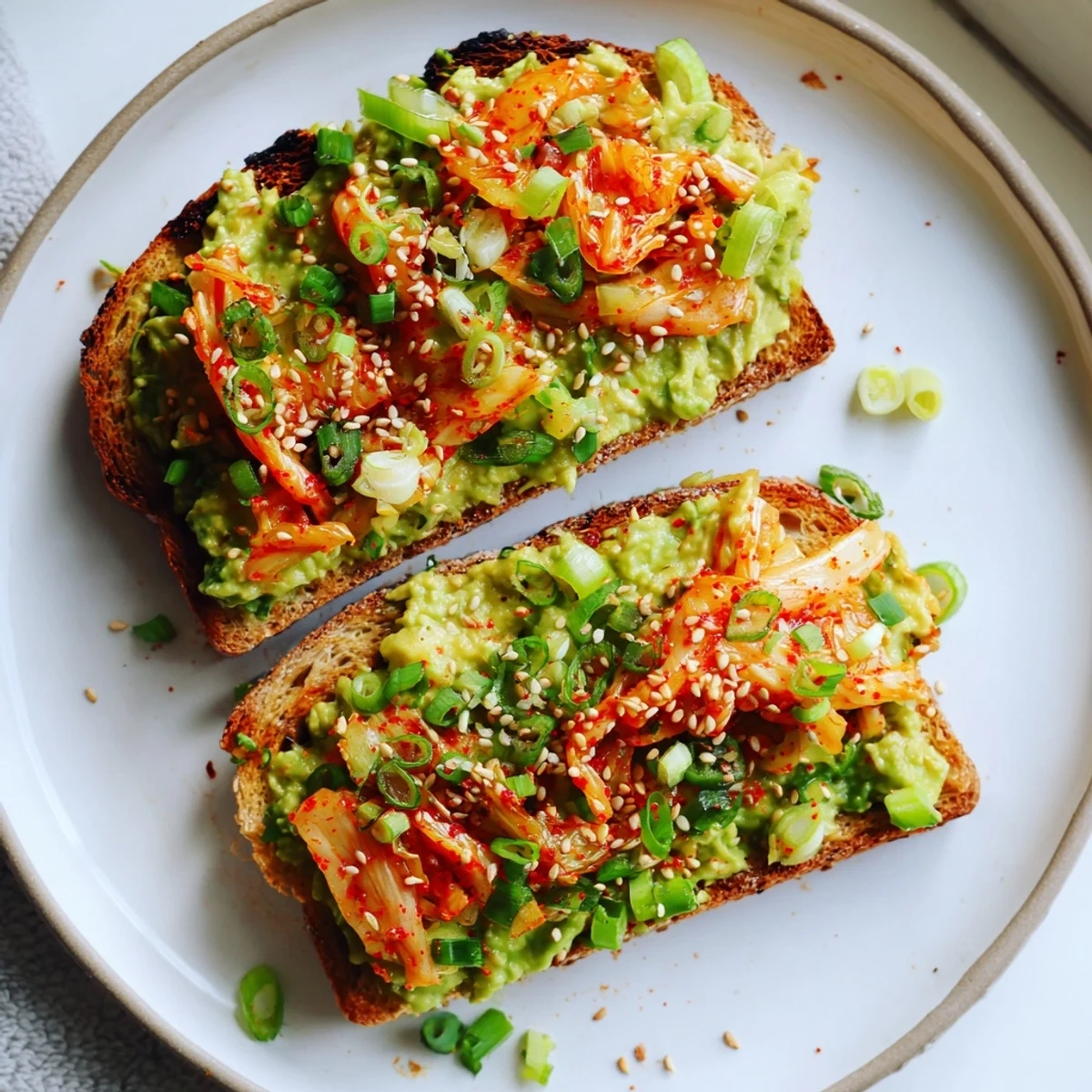 Creamy kimchi avocado toast topped with sesame seeds and fresh green onions
