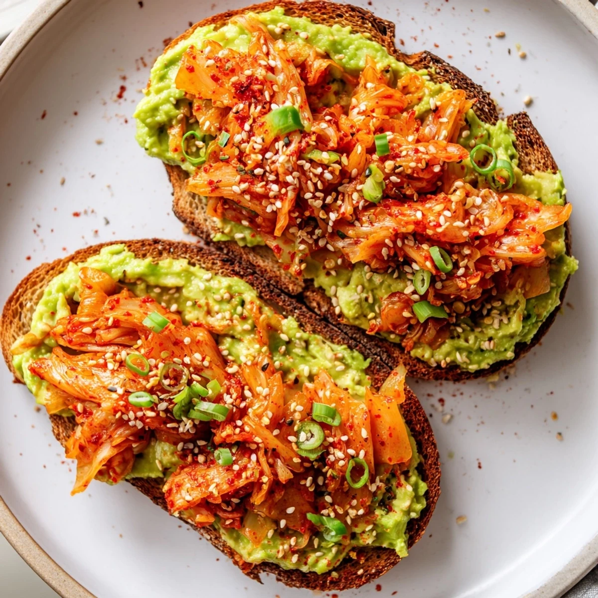 Golden sourdough slices piled high with spiced kimchi avocado mash and garnishes