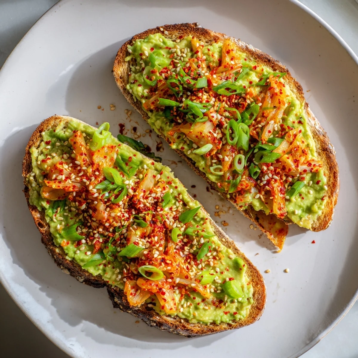 Kimchi avocado toast garnished with red pepper flakes and a drizzle of sesame oil