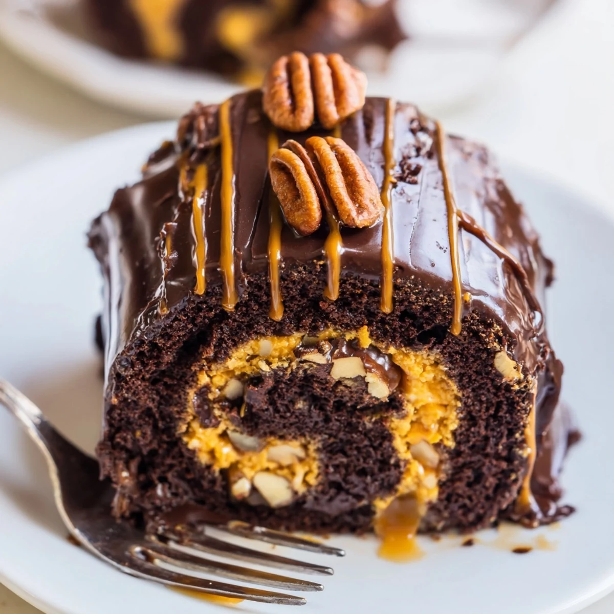 Spiral slice of Gooey Chocolate Caramel Turtle Cake Roll revealing rich caramel and toasted pecan filling