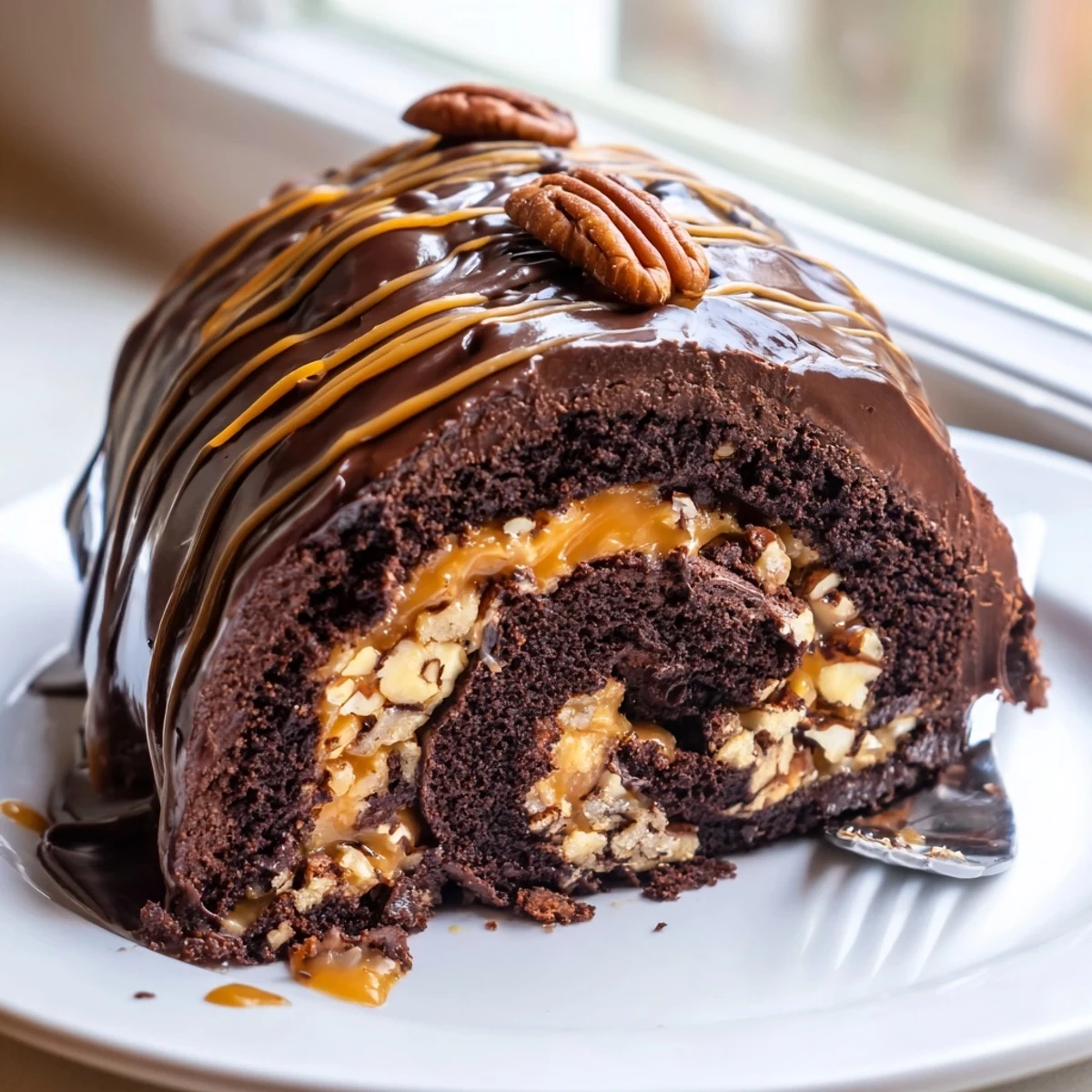Gooey Chocolate Caramel Turtle Cake Roll drizzled with ganache and topped with pecan halves