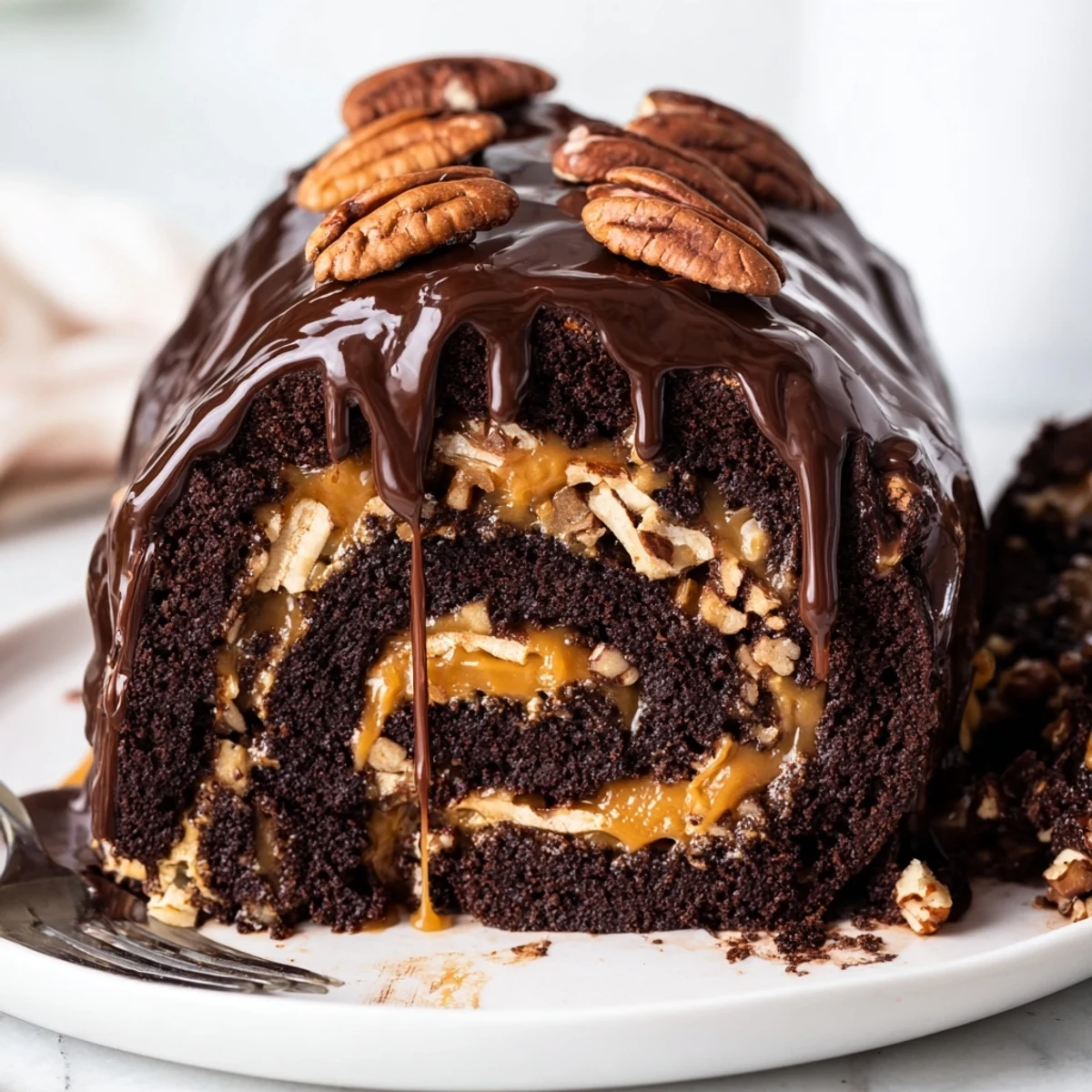 Decadent Gooey Chocolate Caramel Turtle Cake Roll coated in glossy chocolate ganache on a white platter