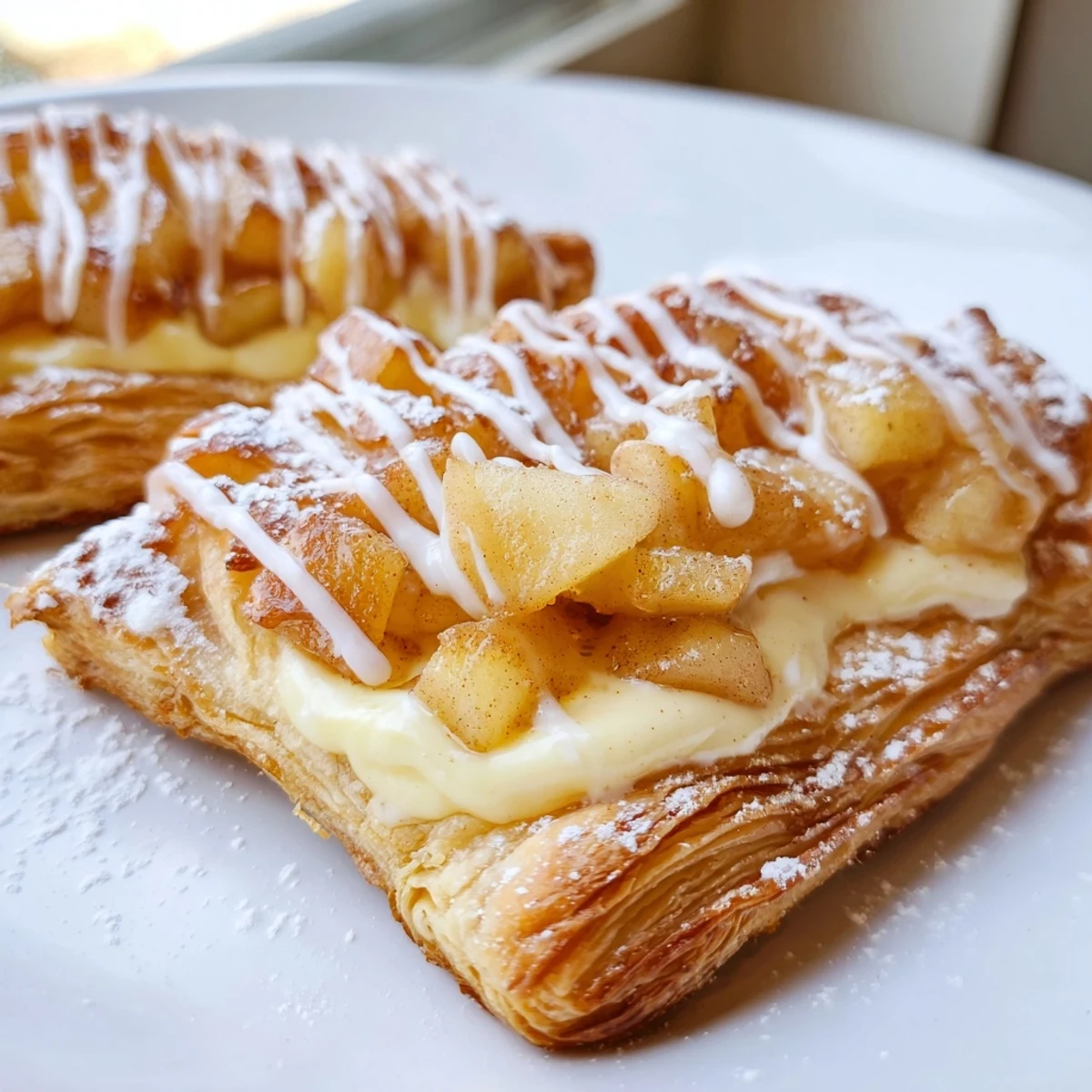 Warm apple cheese danishes drizzled with sweet icing on a rustic baking sheet