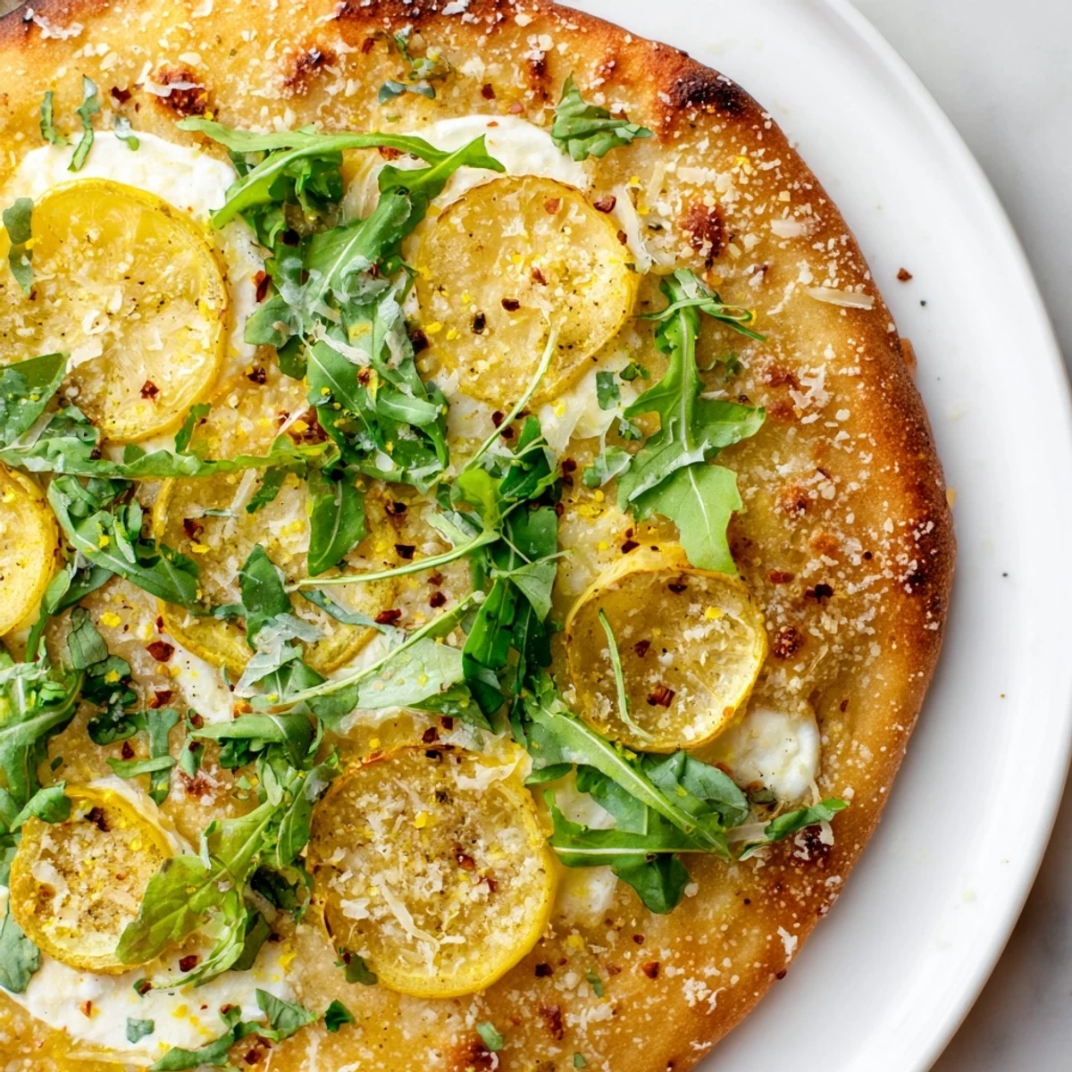 Golden Zesty Summer Lemon Pizza with bubbling mozzarella, fresh arugula, and basil leaves