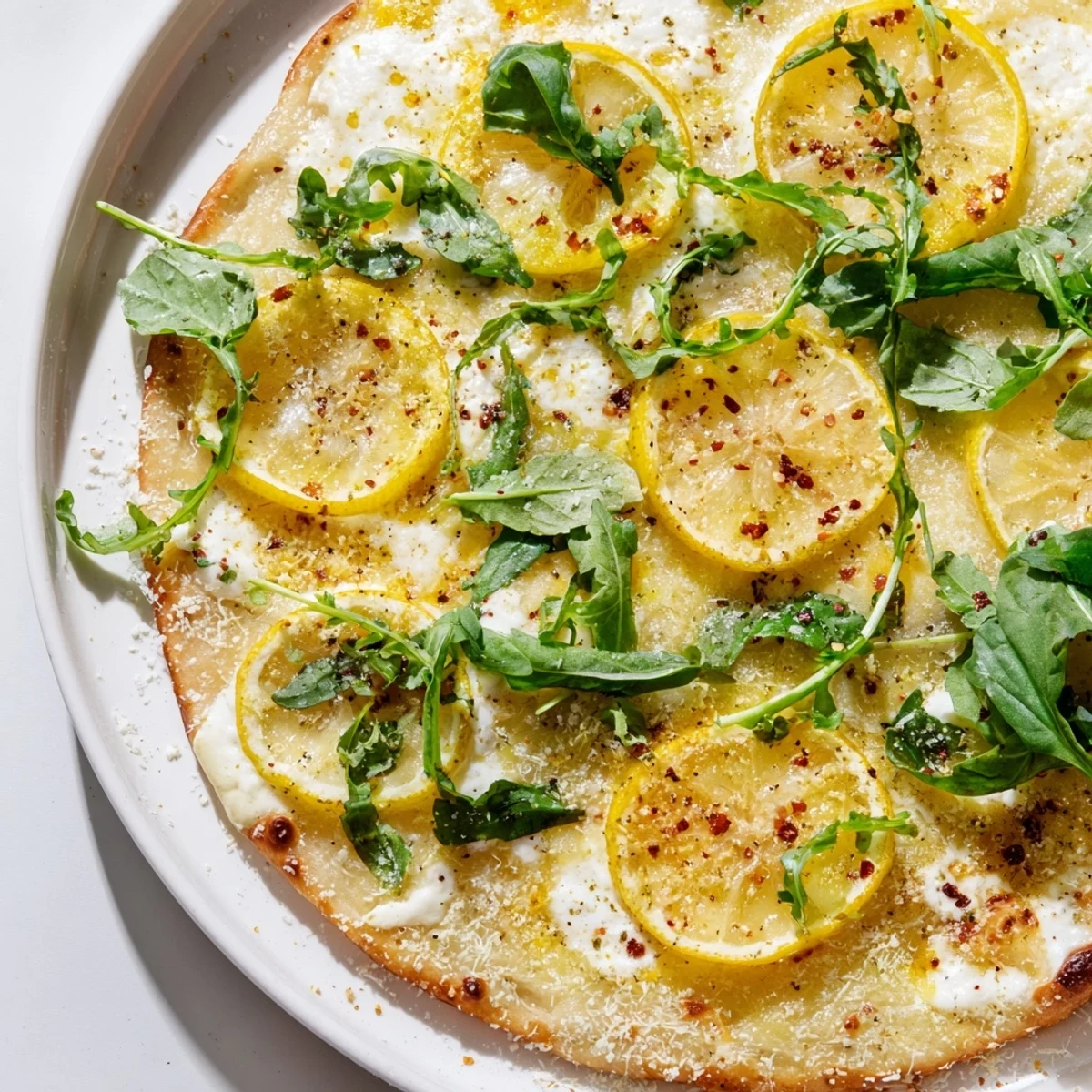 Zesty Summer Lemon Pizza fresh from oven topped with peppery arugula and parmesan